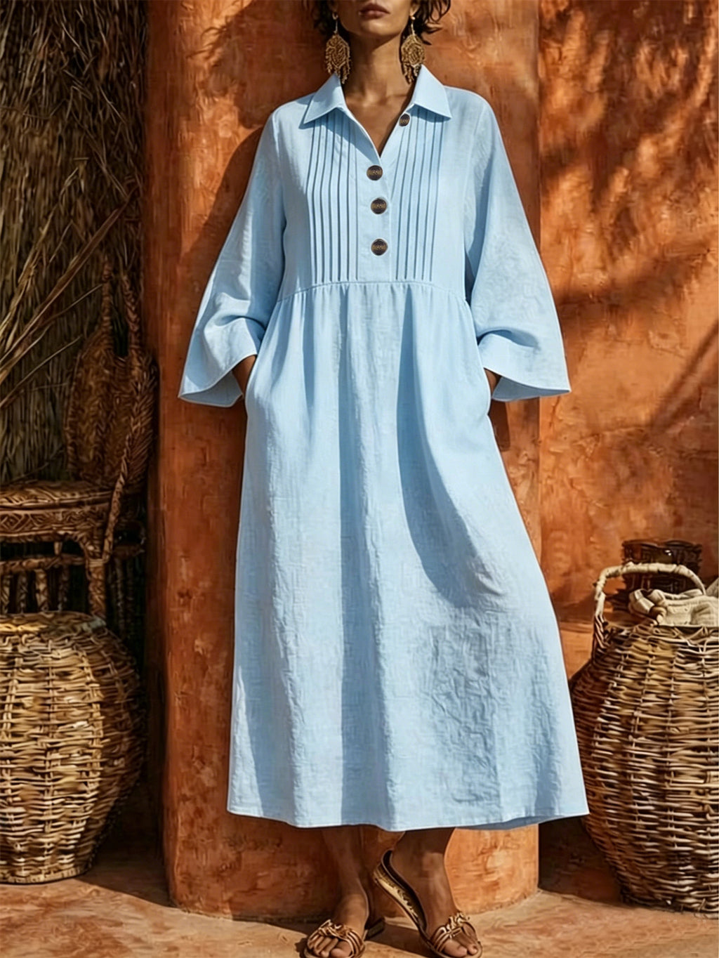 Langes V-Neck Freizeitkleid mit Knopfleiste – Bild 9 | LuxeStyle