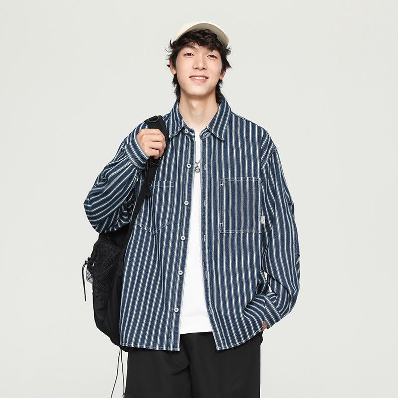 Retro Waschtes gestreiftes Langarm-Denim-Shirt – Bild 5 | LuxeStyle