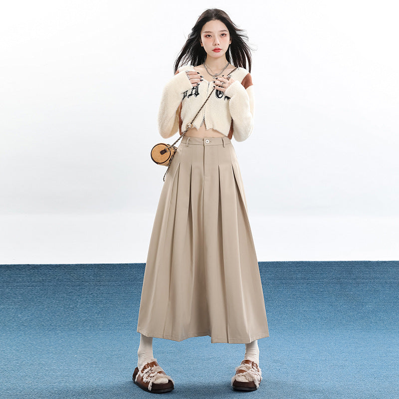 Khaki High-Waist Plissée-Midi-Jupe