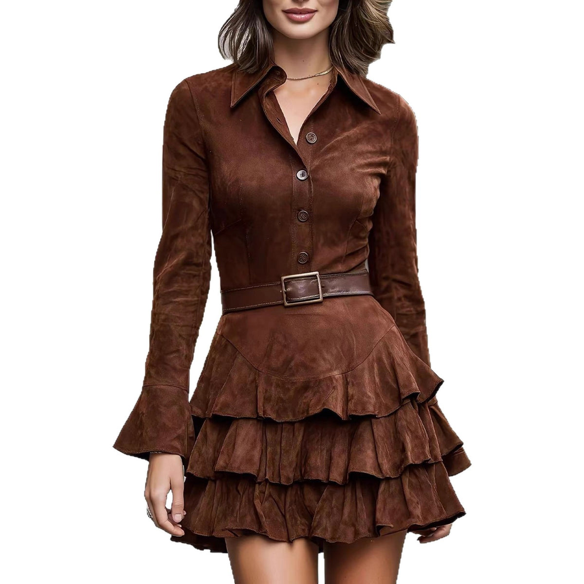 Damen Midi-Kleid aus Wildlederimitat mit Rüschen – Bild 6 | LuxeStyle