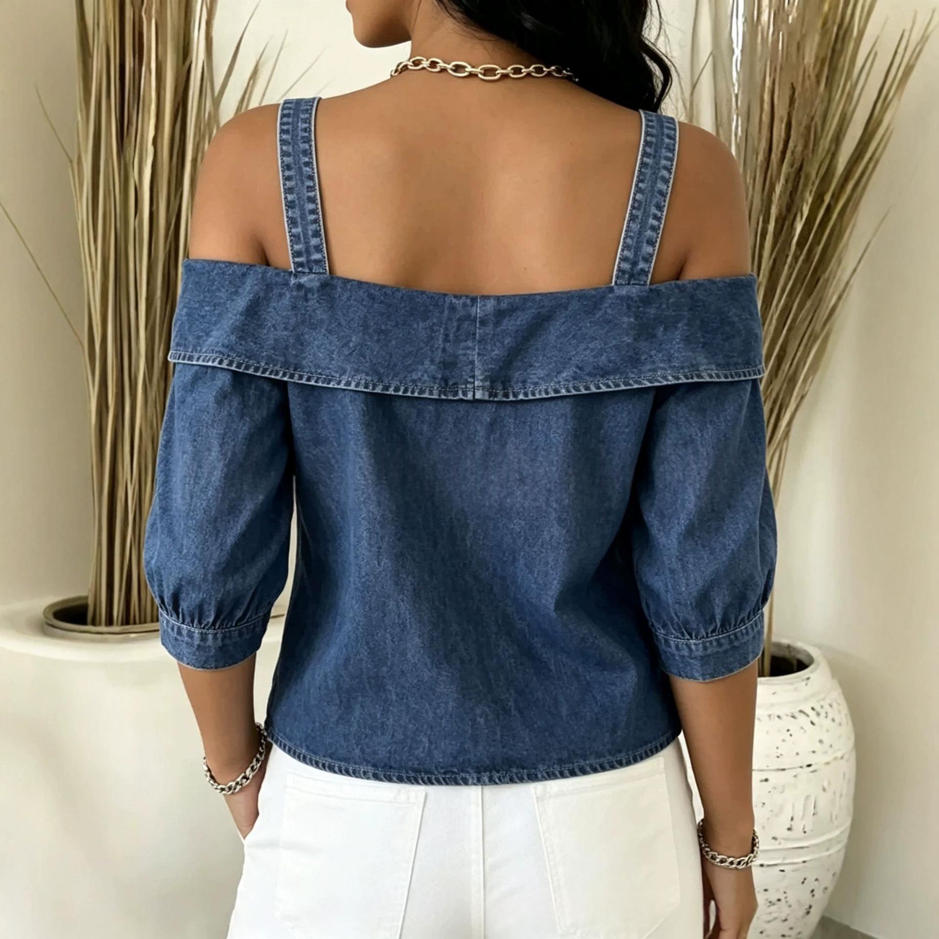 Jeans-Top mit Revers und Trägern