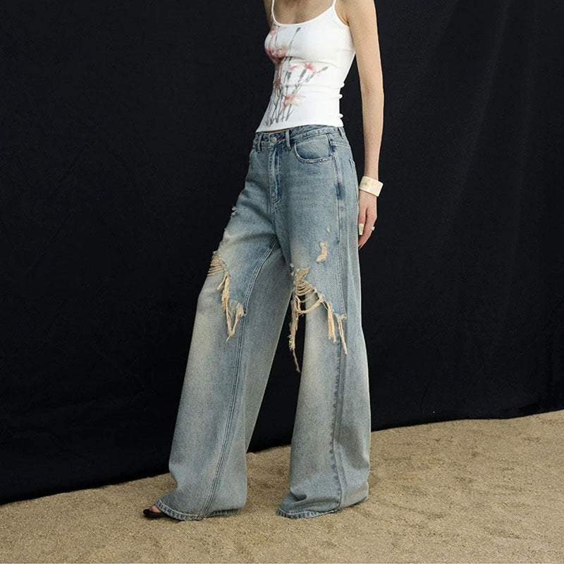Patchwork Wide-leg Jeans im Used-Look