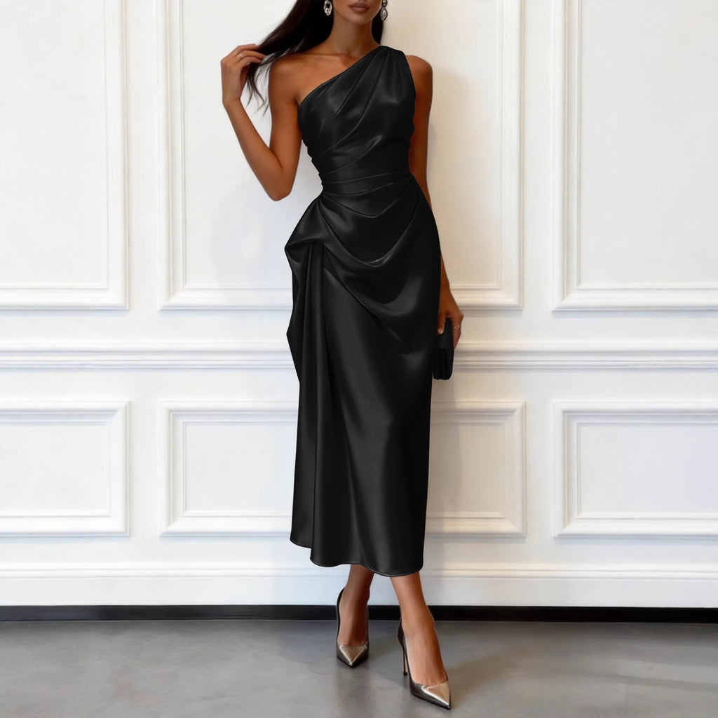 Satin Off-Shoulder Midikleid mit hoher Taille – Bild 4 | LuxeStyle