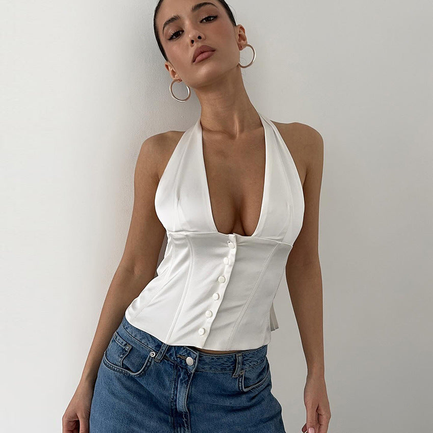 Sexy Deep-V Halter Top mit Taillenschnürung