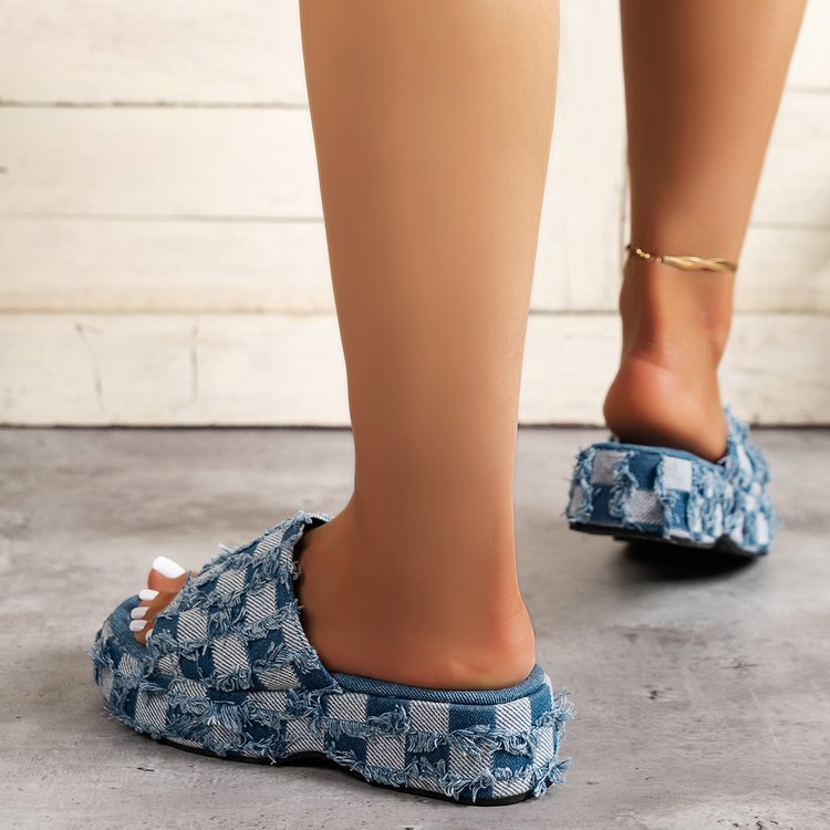 Denim-Pantoletten mit Keilabsatz | LuxeStyle
