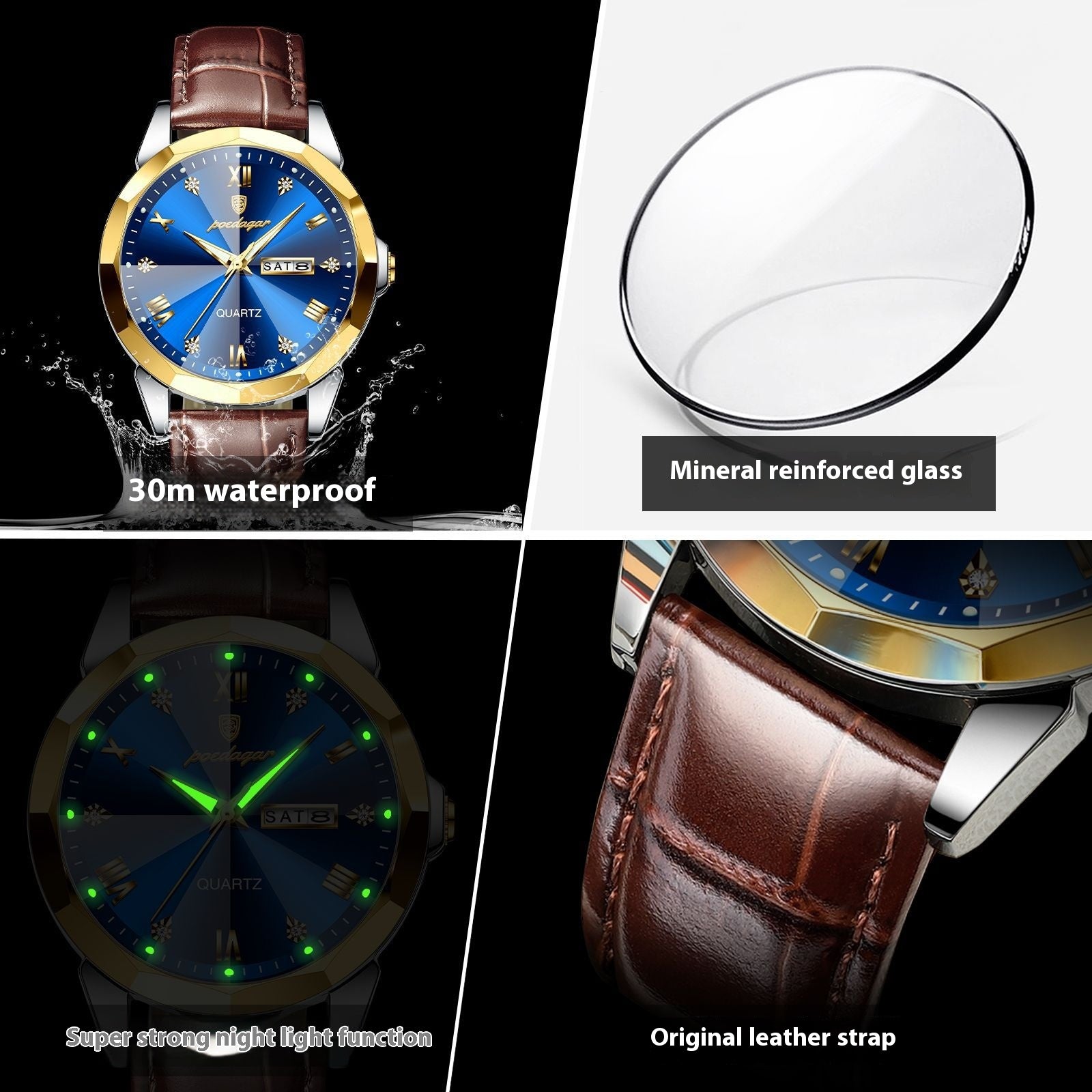 Wasserdichte Quarzuhr mit Lederarmband