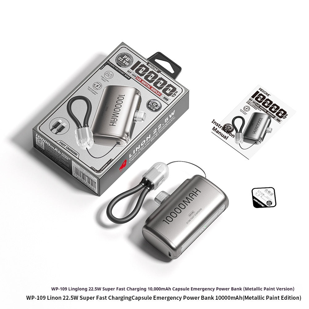 Kompakte 10000 mAh Powerbank mit integriertem Kabel