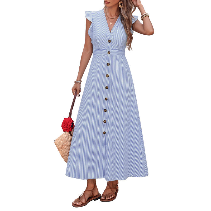 Gestreiftes A-Linien Midikleid mit Cap-Ärmeln