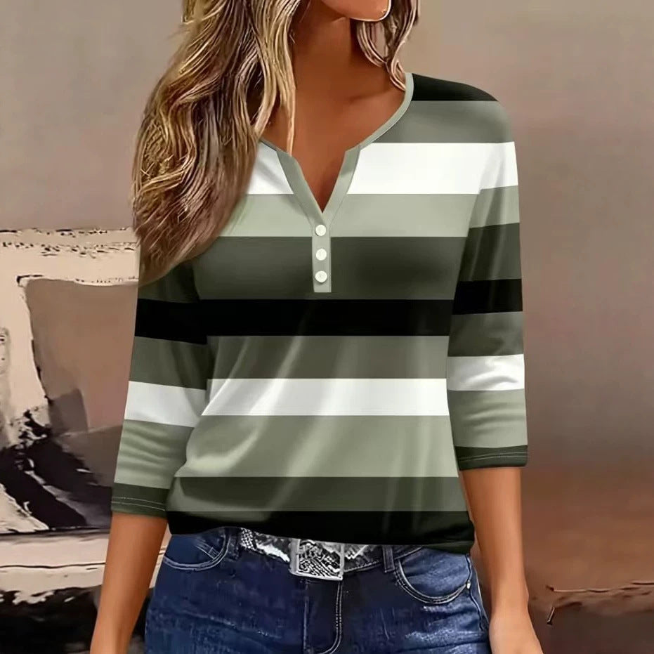 Damen V-Ausschnitt Shirt 3/4-Arm gestreift