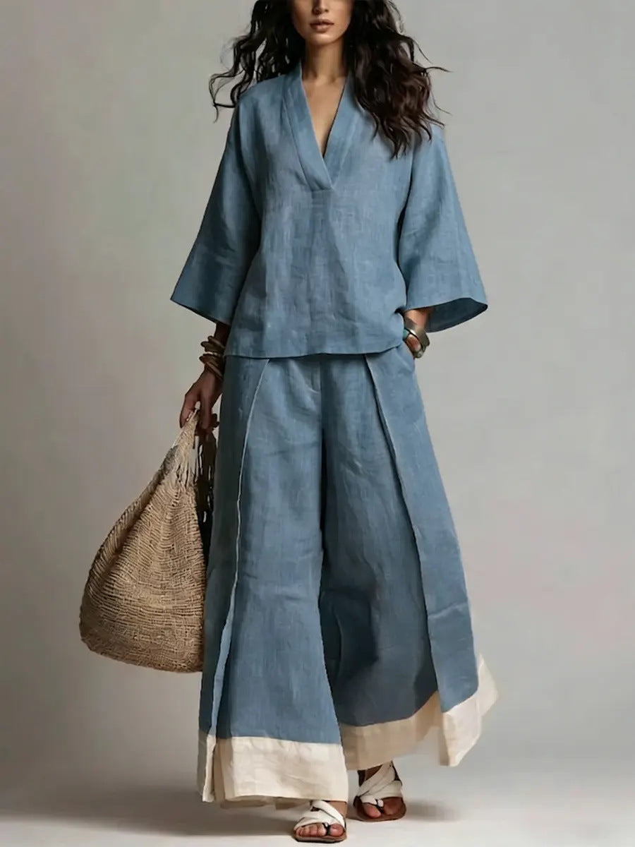 2-teiliges Leinen-Set «Provence» – Hemd & Wide-Leg-Hose