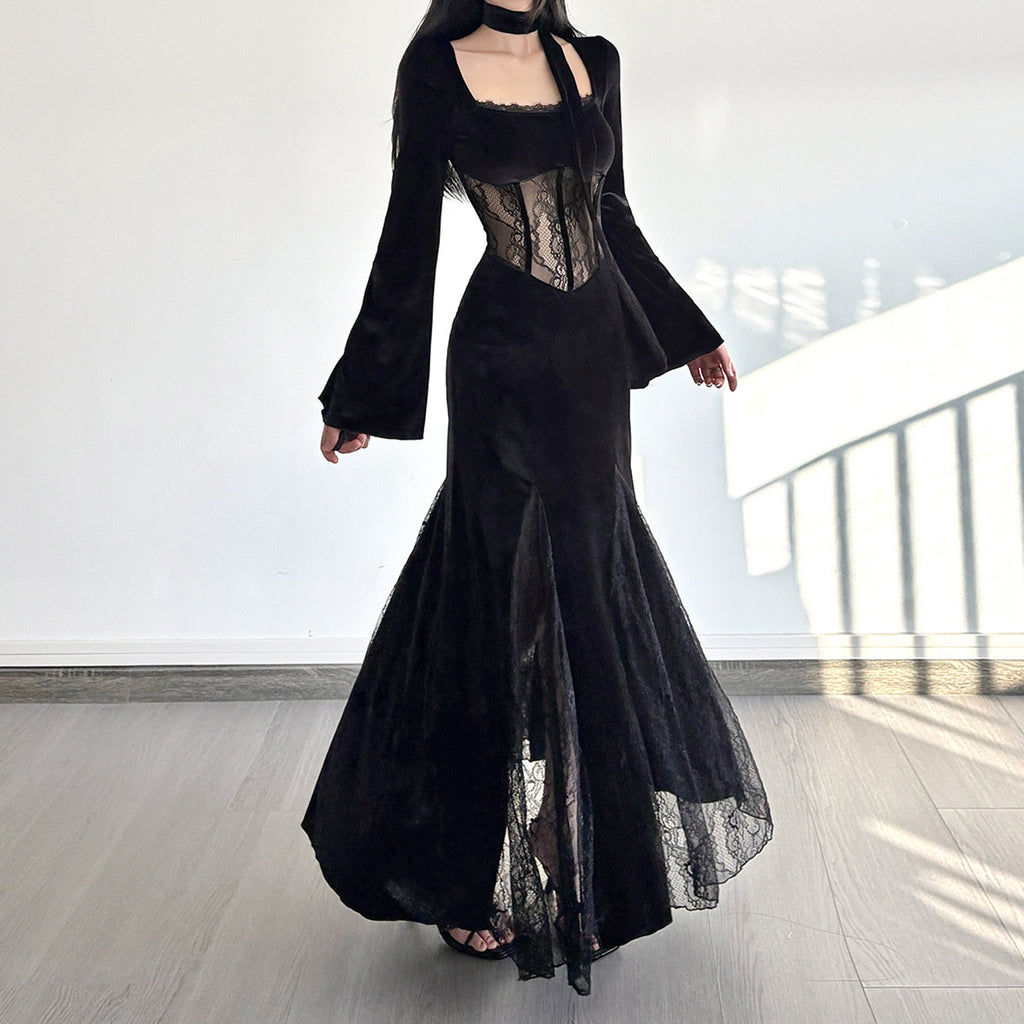 Schwarzes Samtkleid mit hoher Taille und Spitzeneinlage | LuxeStyle
