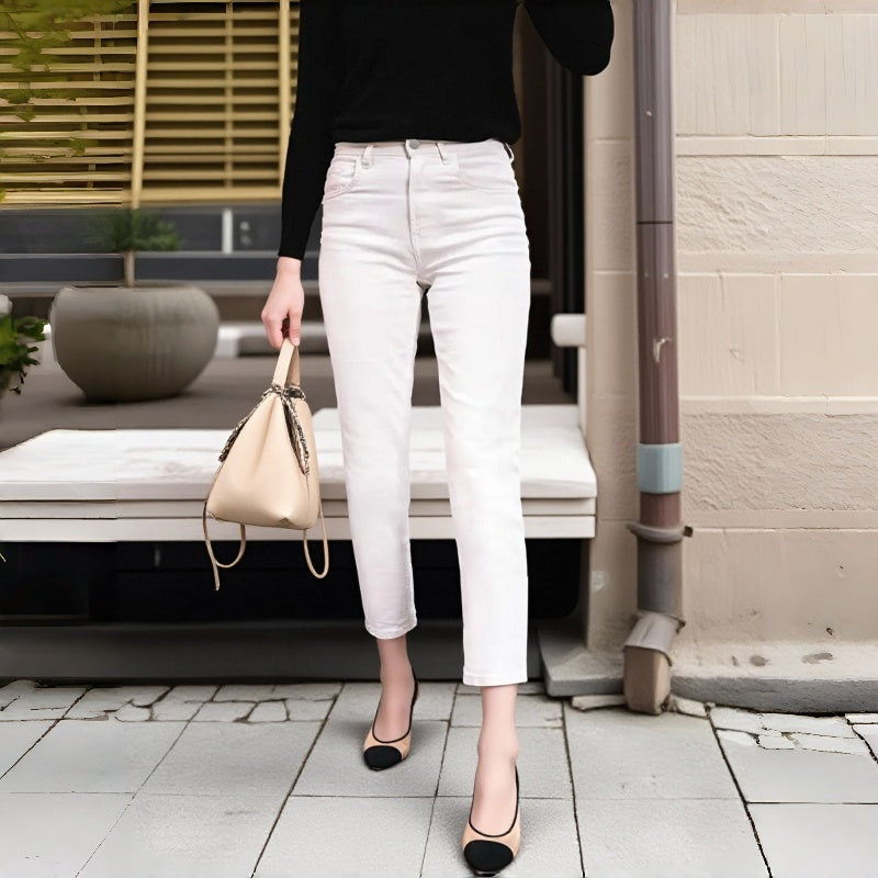 Weisse High-Waist Cropped Jeans mit geradem Bein