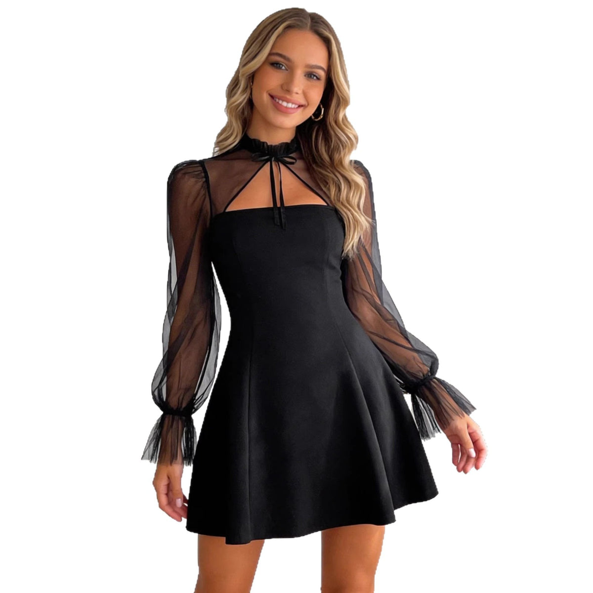 Schwarzes Mesh-Kleid mit Puffärmeln – Bild 3 | LuxeStyle
