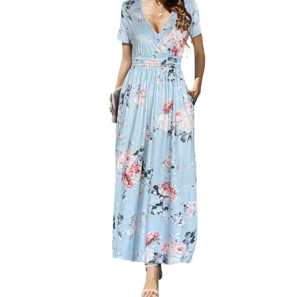 Bedrucktes V-Neck Sommerkleid mit kurzen Ärmeln – Bild 2 | LuxeStyle