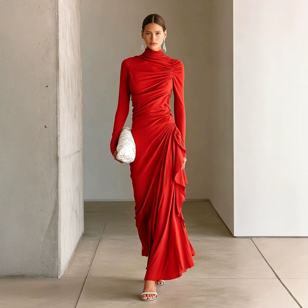 Elegantes, hochgeschlossenes Plissee-Kleid