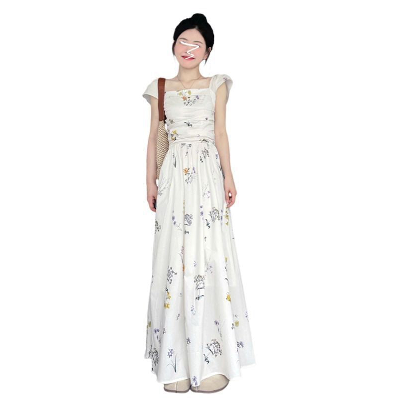 Geblümtes Puffärmel-Midikleid
