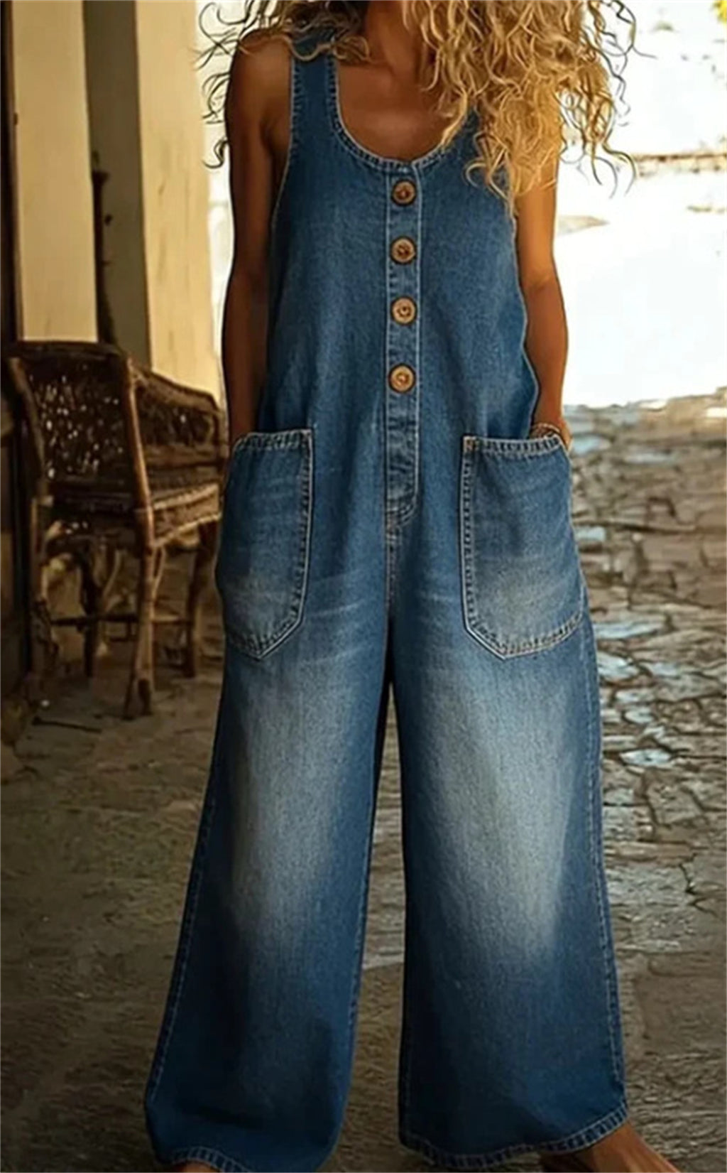 Ärmelloser Denim-Jumpsuit mit Taschen