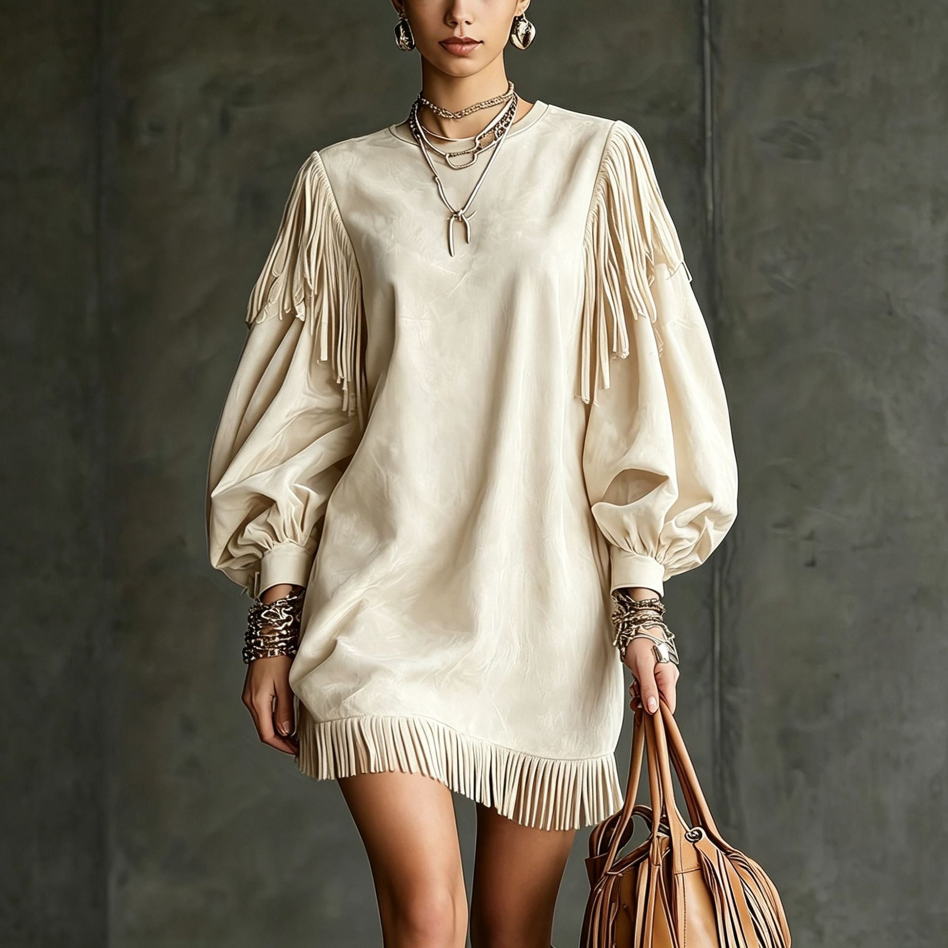 Damen Kurzarmkleid mit Lanternenärmeln und Fransen