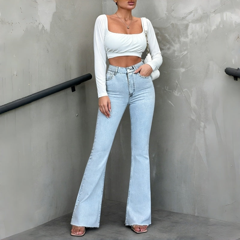 Casual Mid-High Einfarben Jeans mit Rohkante und Flare
