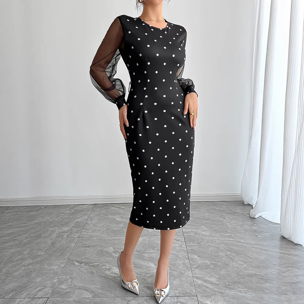 Gepunktetes Midikleid mit Mesh-Ärmeln – Bild 2 | LuxeStyle