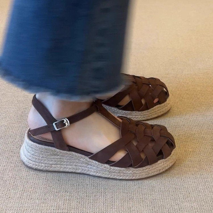 Keilsandalen aus Leinen mit Lederfutter