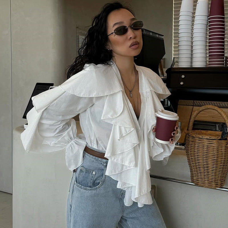 V-Ausschnitt Langarmshirt mit Rüschen – Bild 5 | LuxeStyle