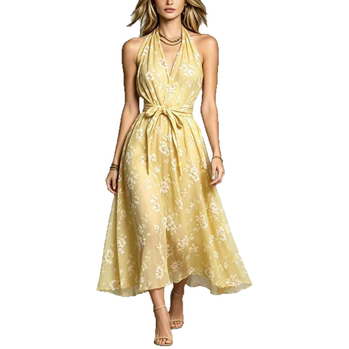 Damen V-Ausschnitt Maxikleid mit Blumenmuster & Schleife – Bild 1 | LuxeStyle