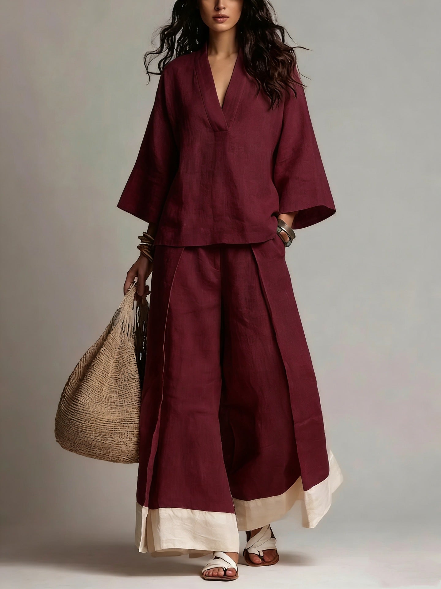 2-teiliges Leinen-Set «Provence» – Hemd & Wide-Leg-Hose