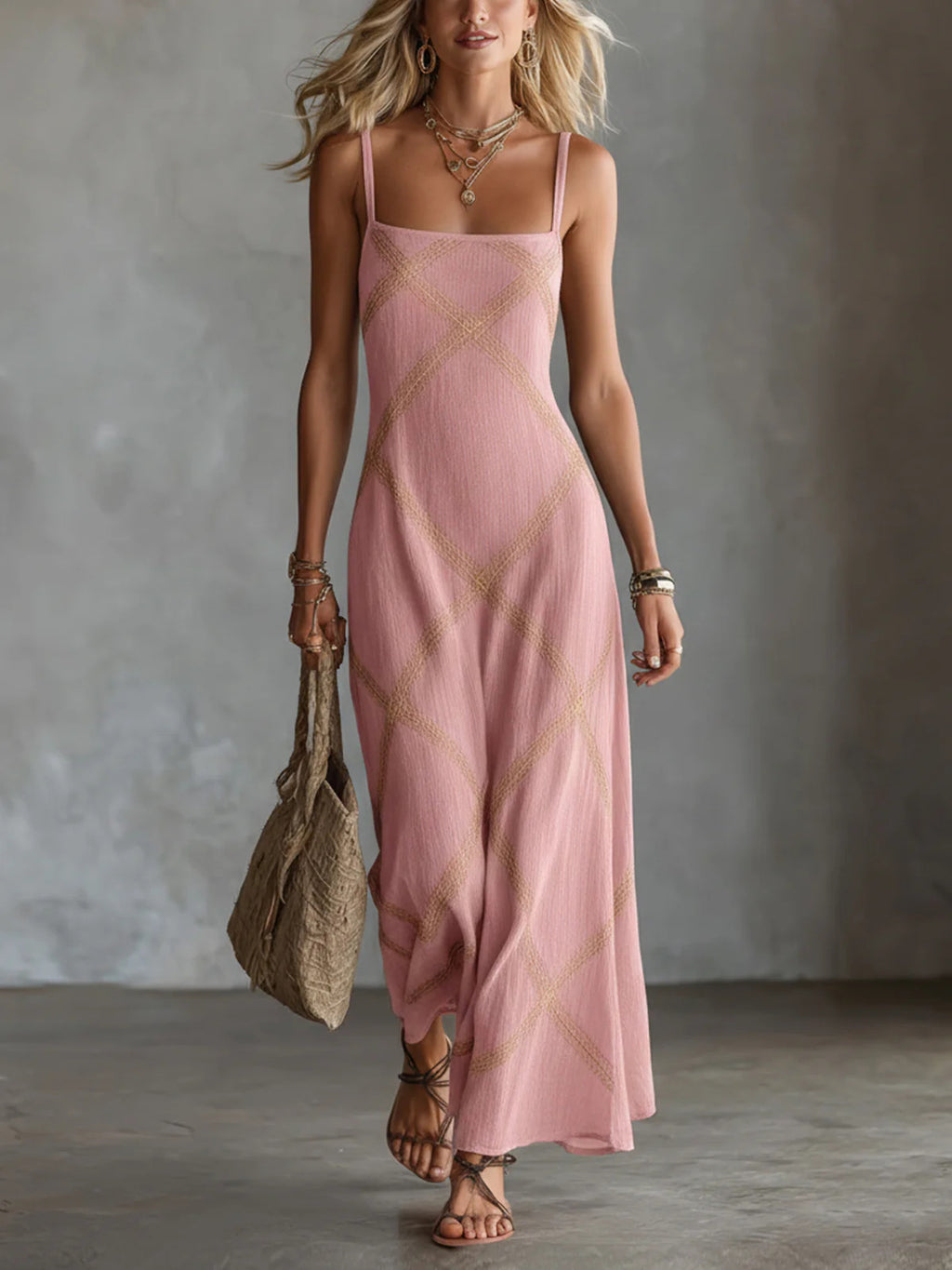 Gestreiftes A-Linien Maxikleid mit Spaghettiträgern – Bild 4 | LuxeStyle