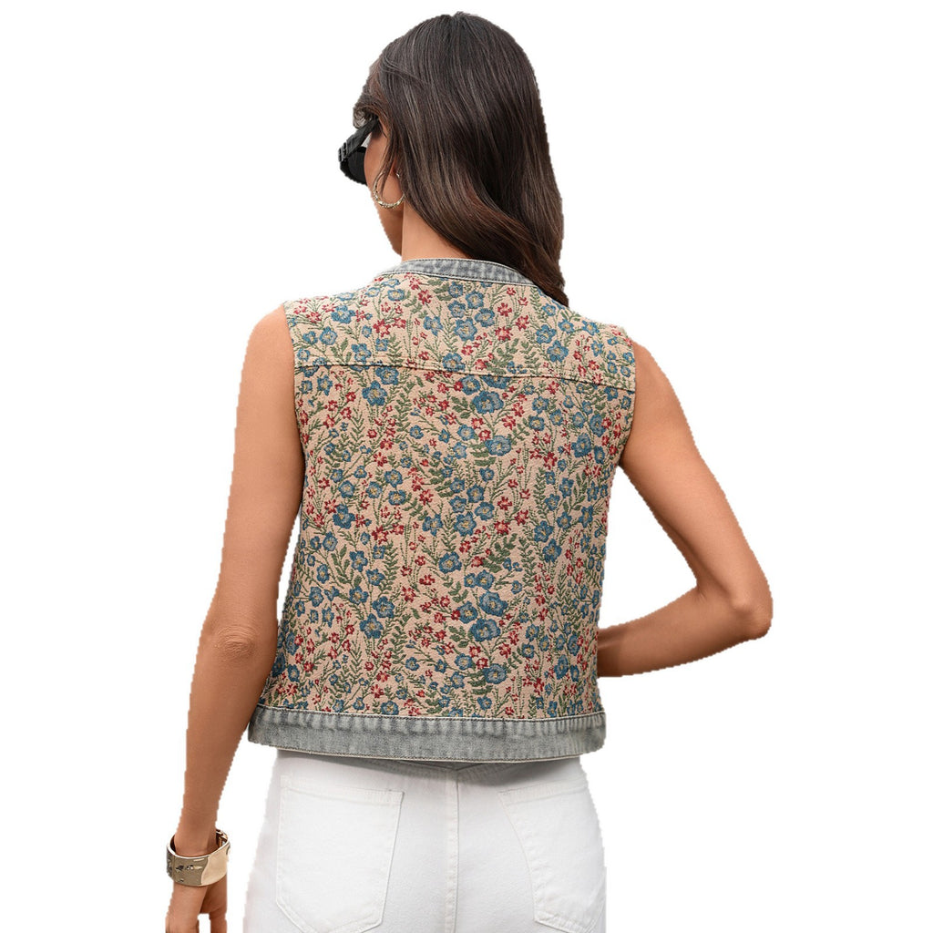 Kurzes Jacquard-Gilet mit Blumenmuster