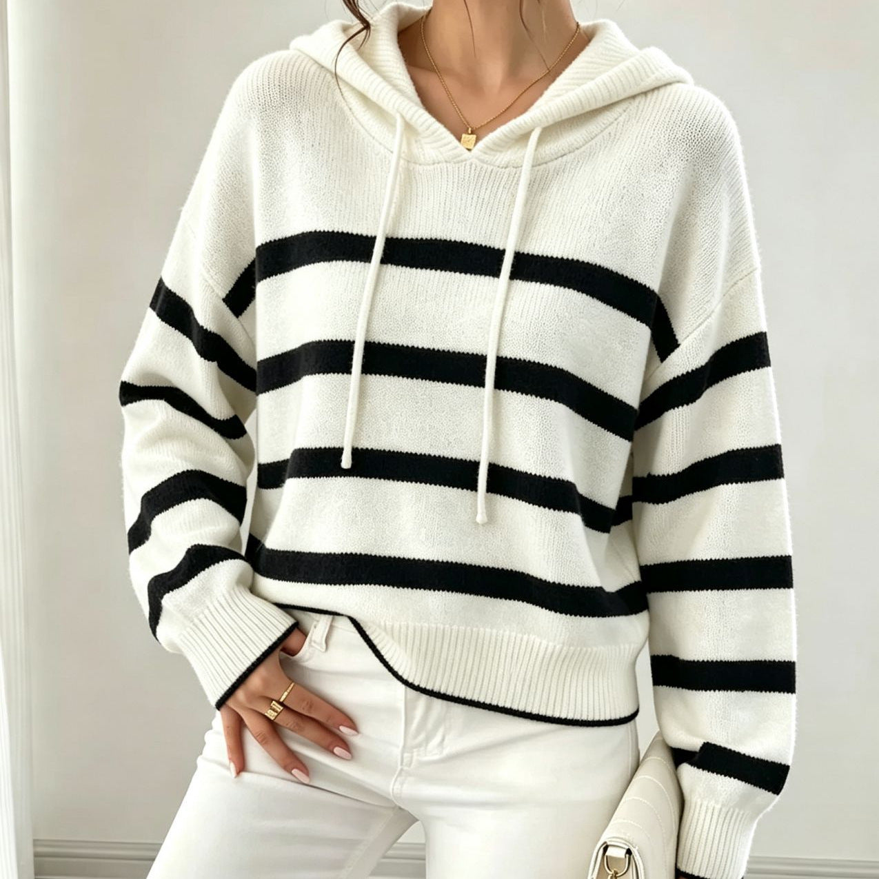 Gestreifter Strick-Hoodie für Damen