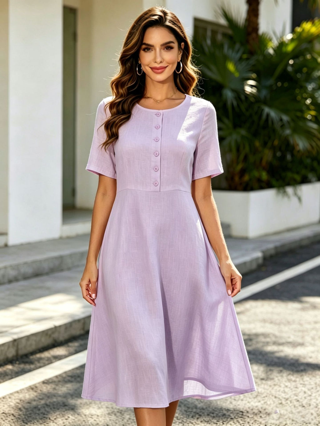 Elegantes A-Linien Midi-Kleid mit Knopfleiste – Bild 3 | LuxeStyle