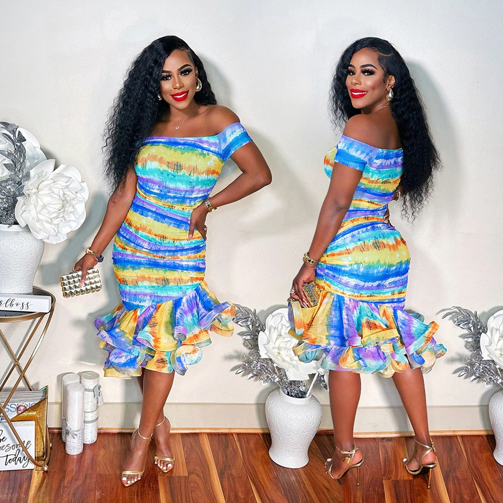 Off-Shoulder Midikleid mit Rüschen und Print
