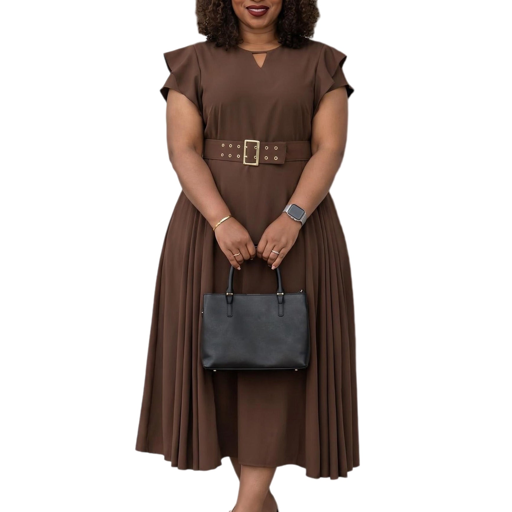 Midi-Plisseekleid mit Rüschenärmeln und Gürtel