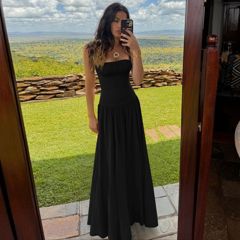 Off-Shoulder Plissiertes Maxikleid mit hoher Taille