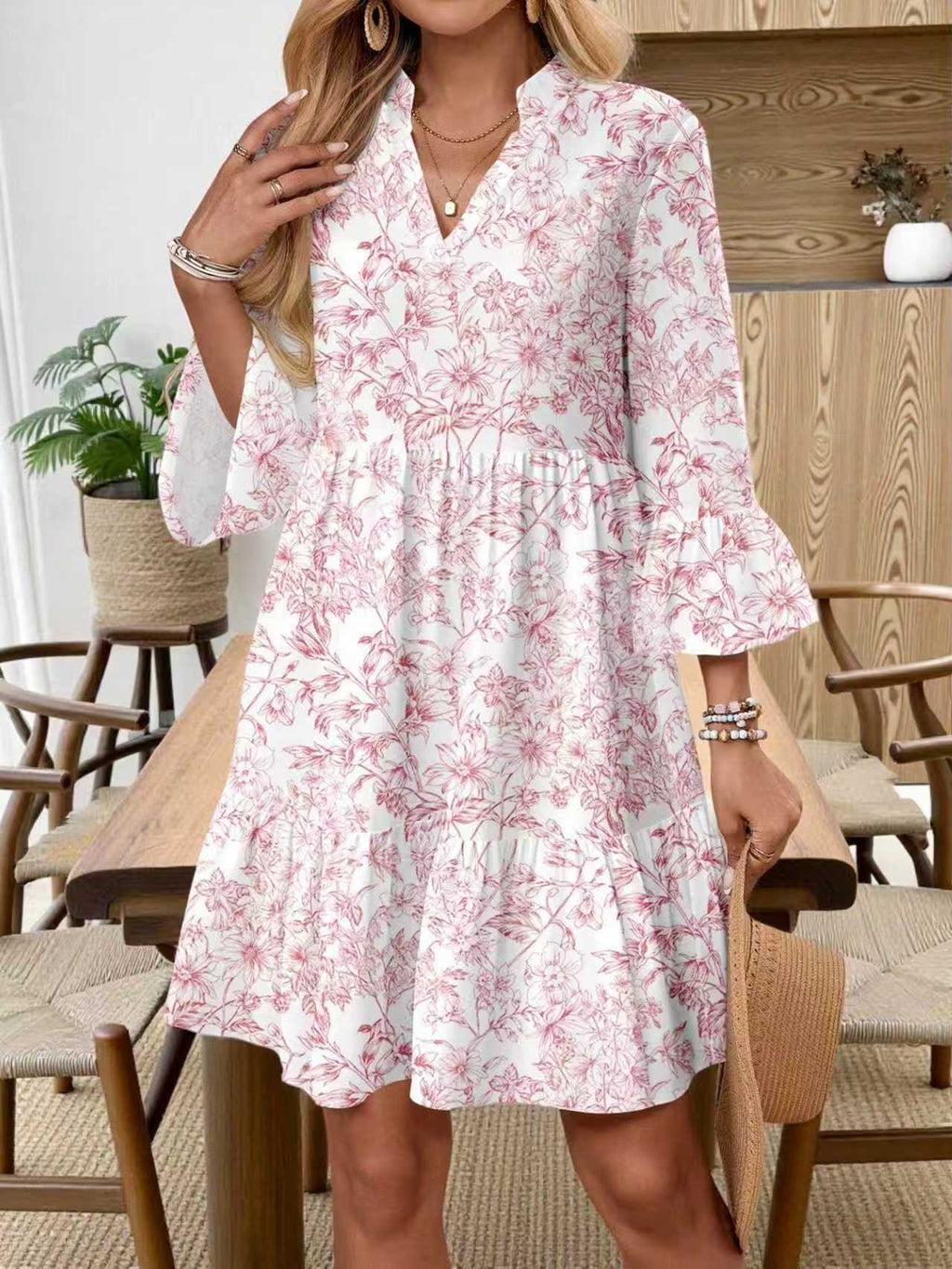 Damen V-Ausschnitt Blumenkleid mit ausgestellten Ärmeln – Bild 9 | LuxeStyle
