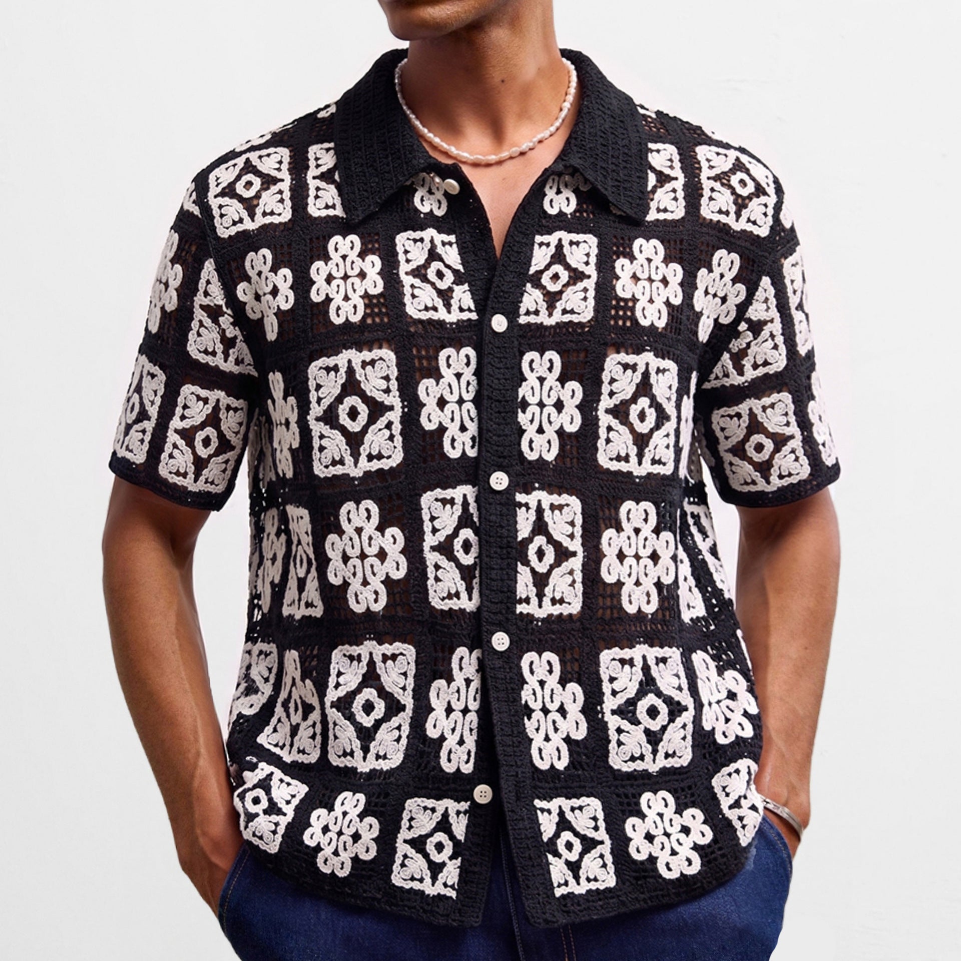 Herren Strickpullover im Schwarz-Weiss Karomuster – Ansicht 3