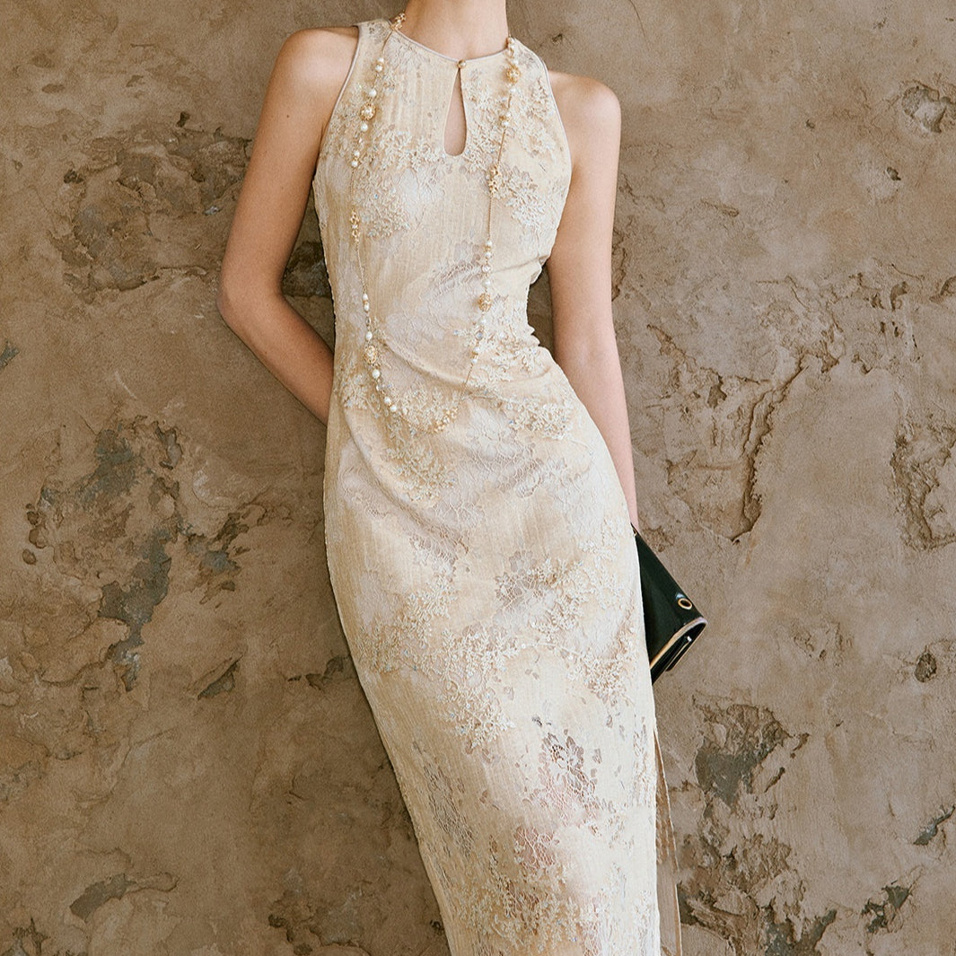Besticktes ärmelloses Kleid mit Spitze