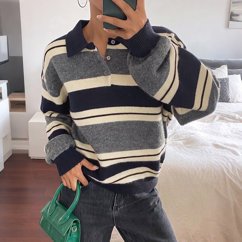 Gestreifter Color-Block V-Neck Strickpullover