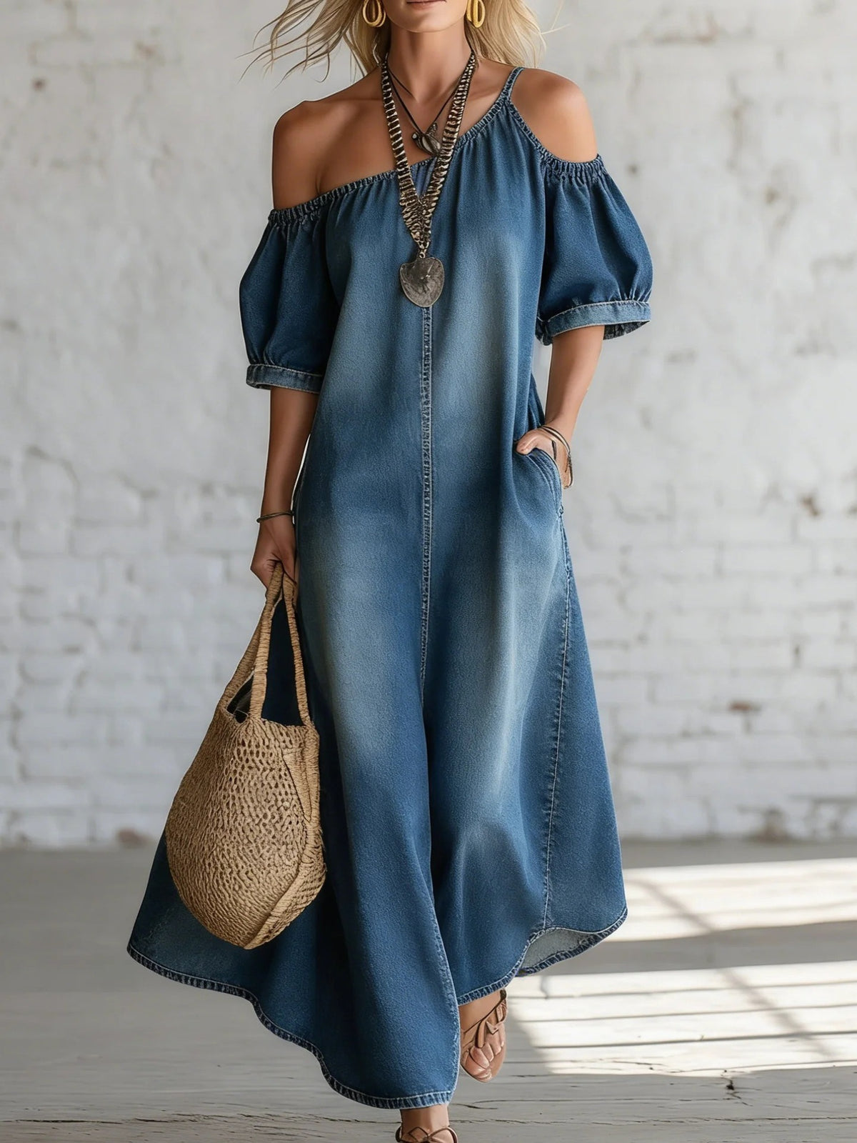 Chic Off-Shoulder Jeans-Maxikleid mit Schlitz – Bild 9 | LuxeStyle