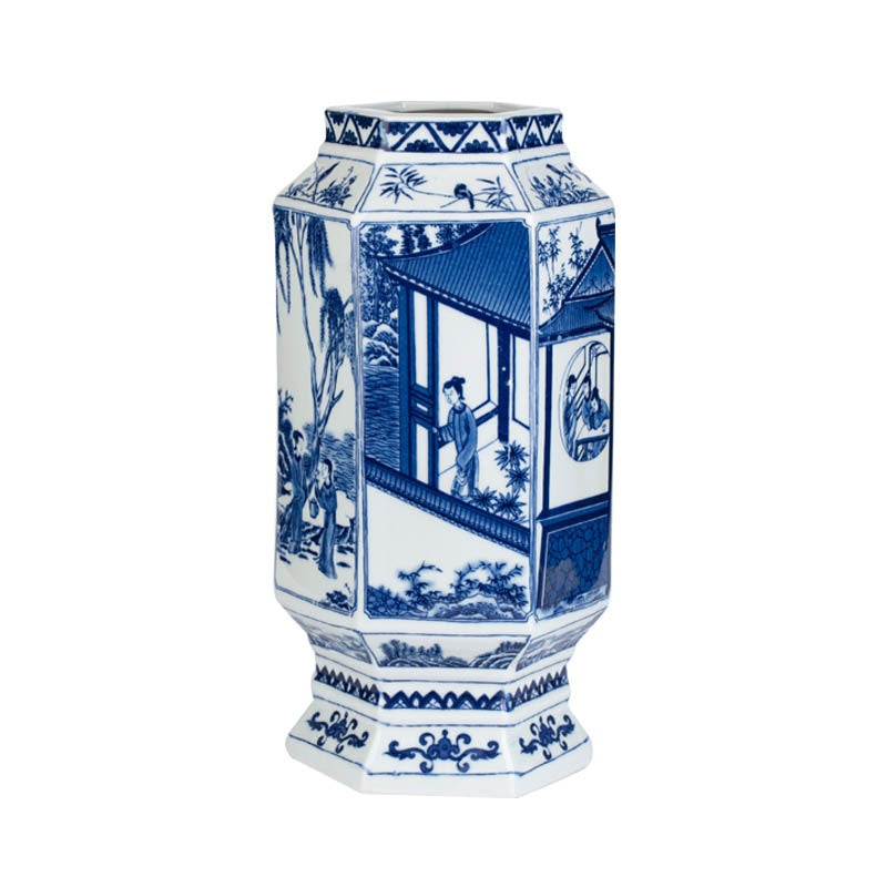 Hexagonale blau-weisse Keramikvase