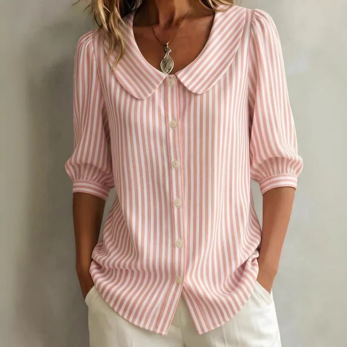 Gestreifte V-Neck Bluse mit 3/4-Ärmeln