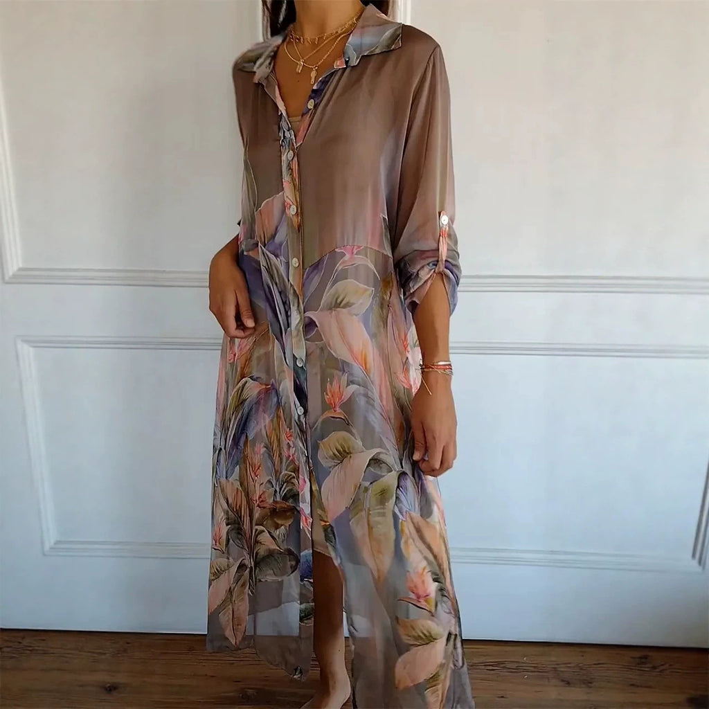 Printkragen Langarm Weit Schnitt Damenkleid
