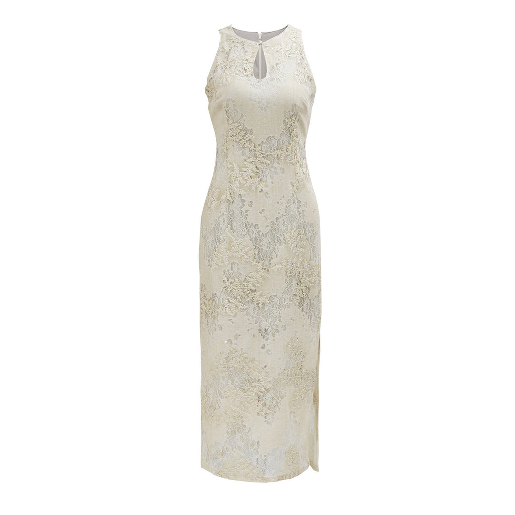 Besticktes ärmelloses Kleid mit Spitze