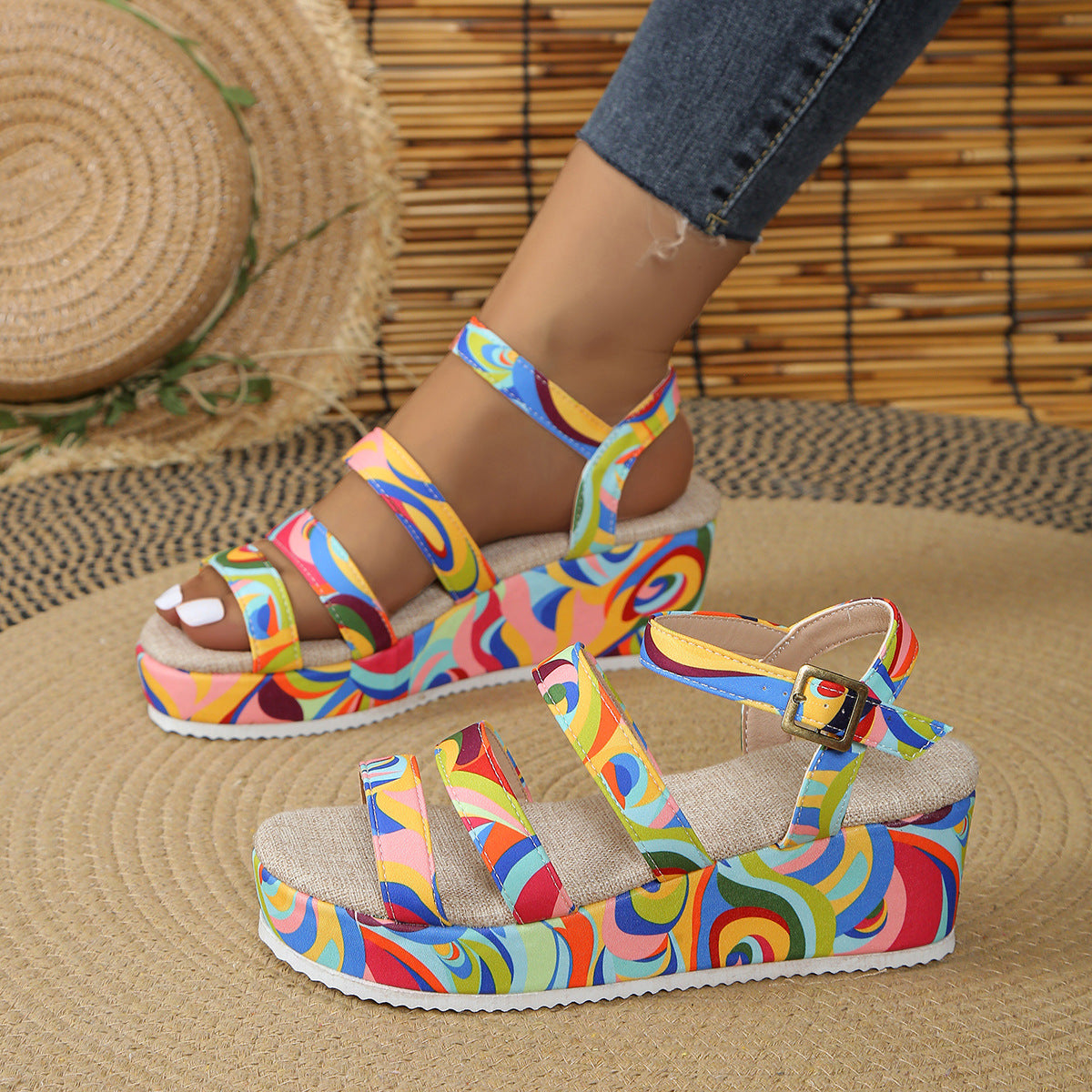 Bunte Peep-Toe-Sandalen mit Schnalle | LuxeStyle