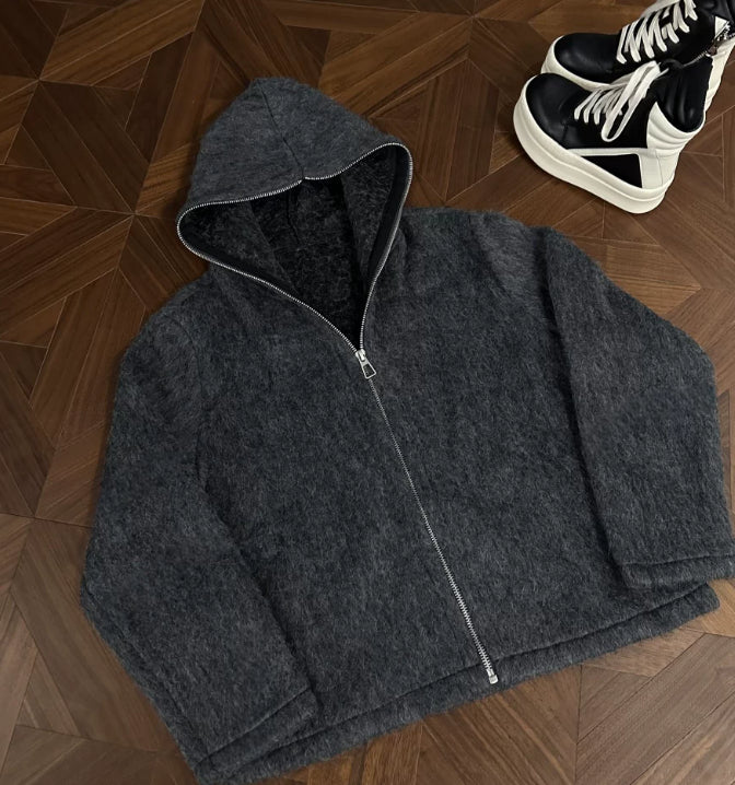 Woll-Mohair Strickjacke mit Kapuze