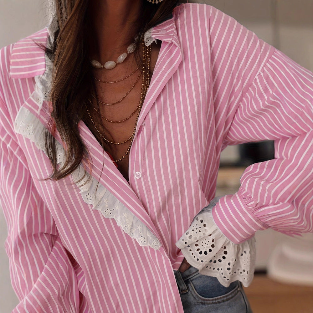 Gestreiftes Damenhemd mit Spitzen-Patchwork – Bild 2 | LuxeStyle