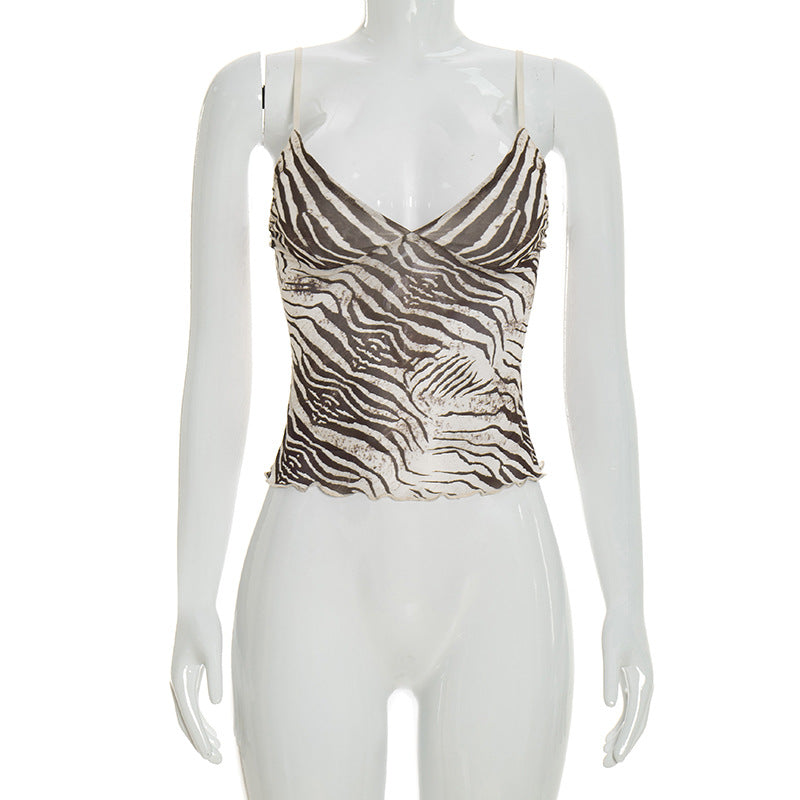 Zebra-Print V-Neck Mesh Camisole