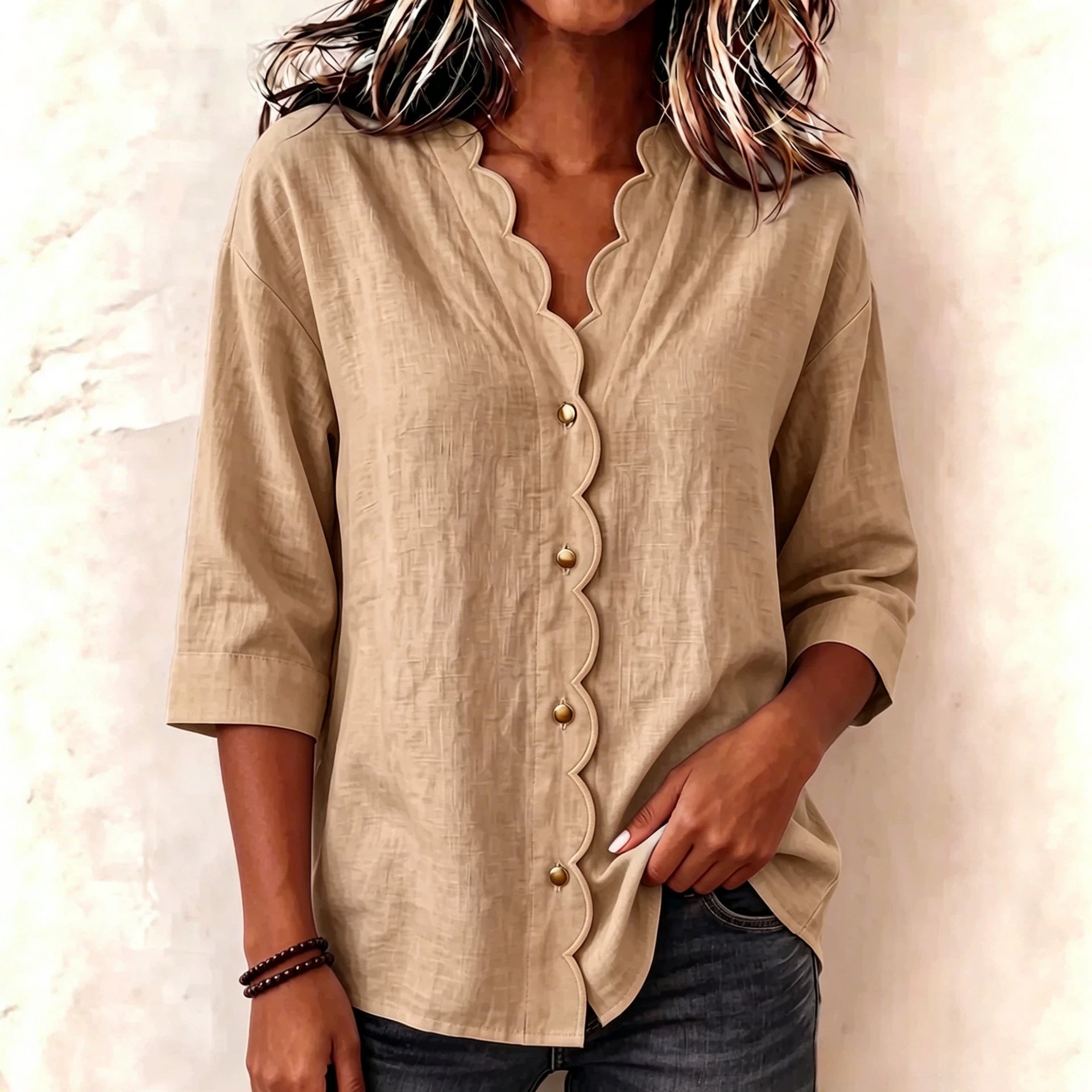 Elegante V-Neck Bluse mit Wellenspitze