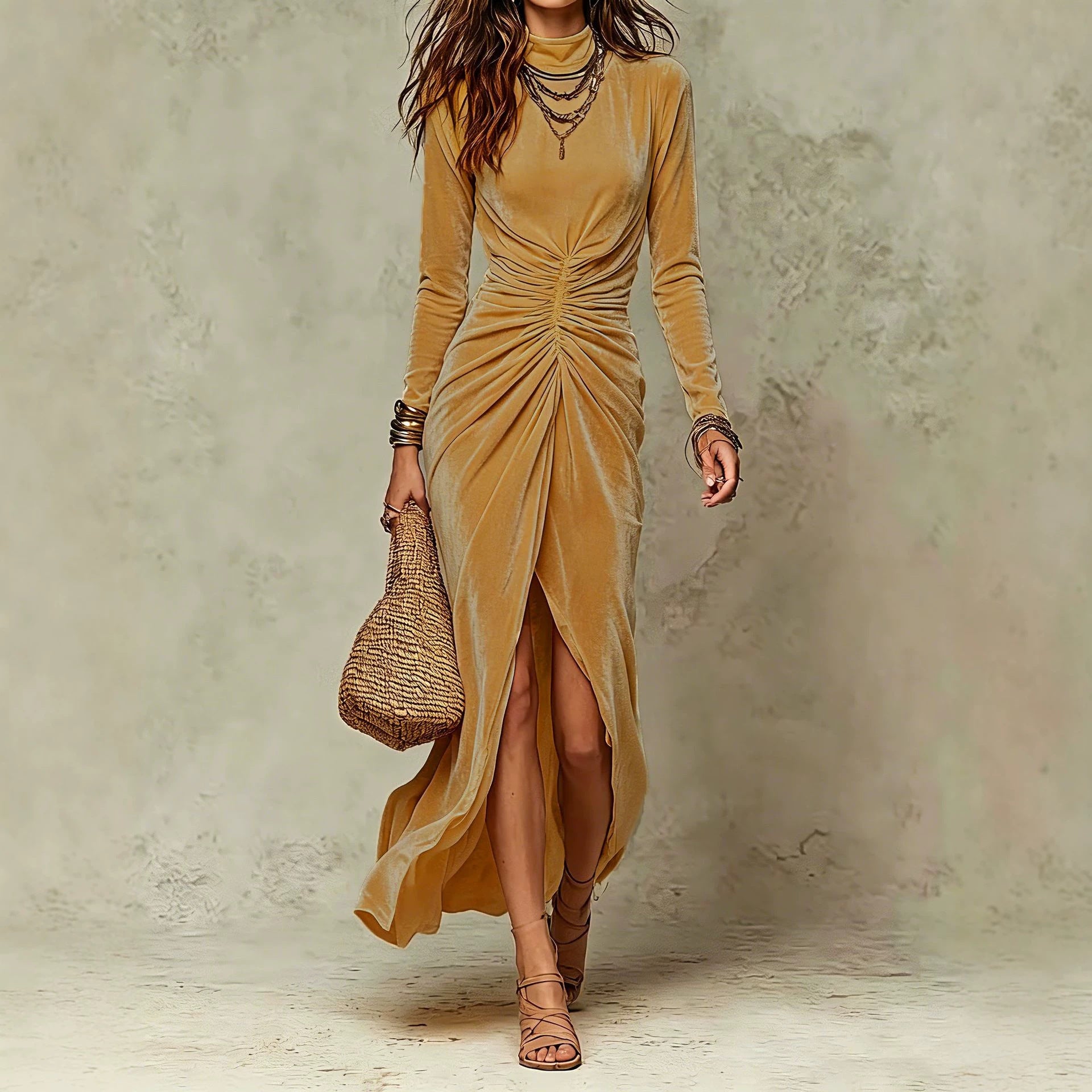 Midi-Kleid mit Taille definierendem Ärmelschlitz